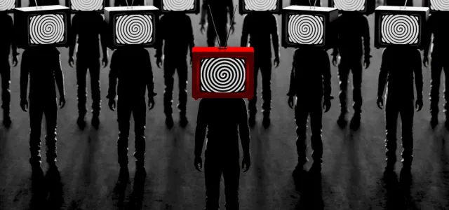 Digital art image of a group of shadowy figures with TVs for heads displaying a hypnotic pattern.